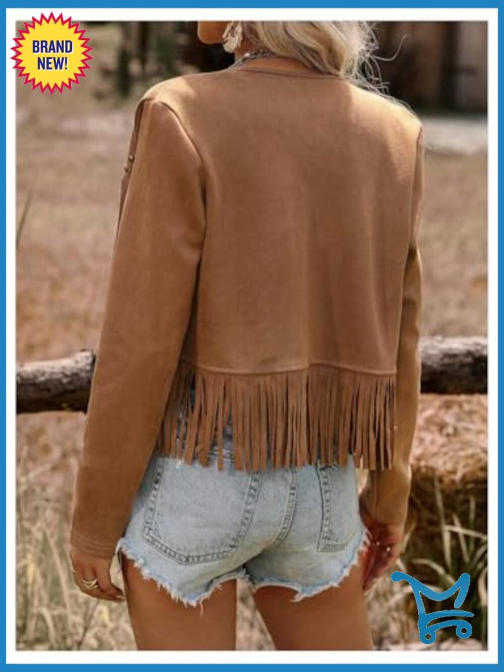 Faux Suede Long Sleeve Fringe Trim Open Front Cardigan Jacket Western Concert - Picture 2 of 6